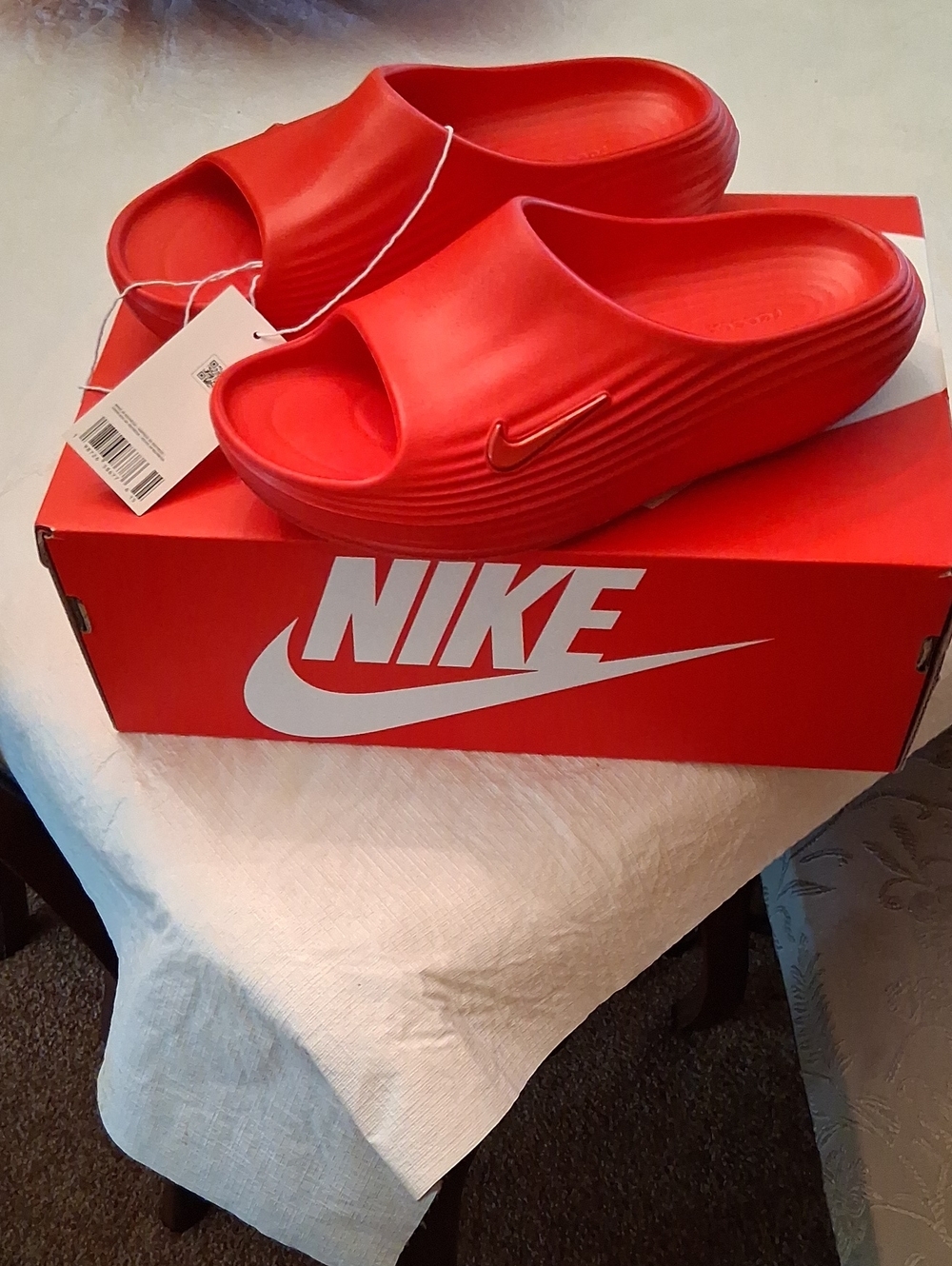NIB - Nike Red Slip-On Foam Slides with Metallic Swoosh